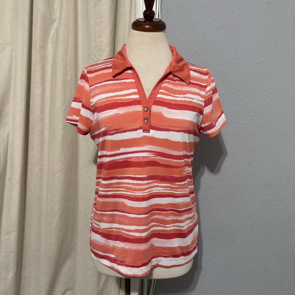 Chicos Zenergy Golf Shirt‎ Womens 1 /XL Polo Orange Stripe Short Sleeve Stretch